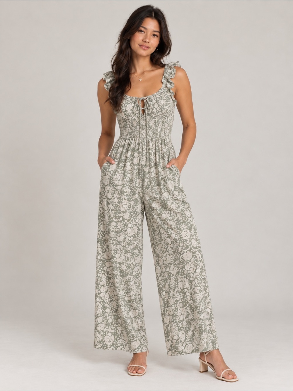 Caution To The Wind Sage Floral Ruffle Strap Wide Leg Jumpsuit